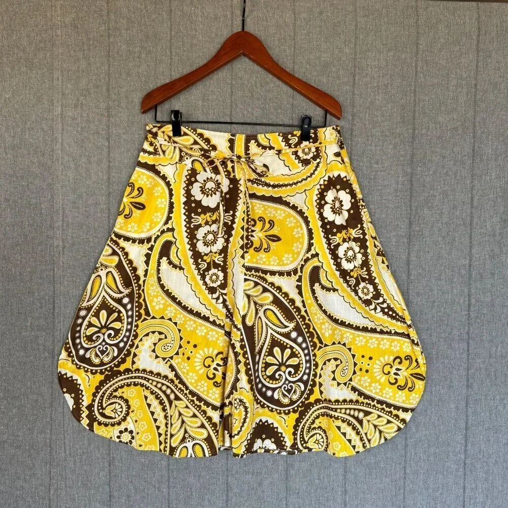 Vintage Talbots Yellow BrownPaisley Print A line Midi Skirt Plus Size 14 Petite